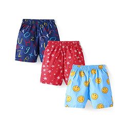Babyhug Poplin Woven Above Knee Length Boxers With Smiley & Tropical Print Pack Of 3 - Red Yellow & Navy Blue