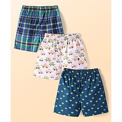 Babyhug Cotton Poplin Woven Boxers with Vehicle & Tropical Theme Print Pack of 3 - Navy Blue & White