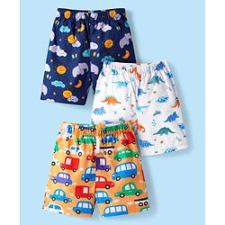 Babyhug Poplin Woven Boxers with Dino & Vehicles Print Pack of 3 - Navy Blue White & Orange