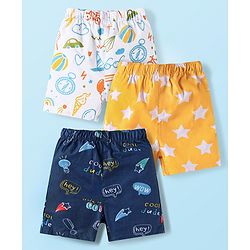 Babyhug Cotton Poplin Woven Boxer with Star Print Pack of 3 - Navy Blue Yellow