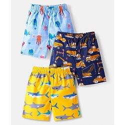 Babyhug Poplin Woven Boxers with Shark & Vehicles Print Pack of 3 - Blue & Yellow