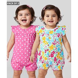 Babyhug 100% Cotton Knit Frill Sleeves Romper with Polka Dots & Floral Print Pack of 2 - Pink & White