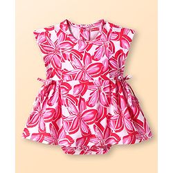 Babyhug 100% Cotton Knit Half Sleeves Frock Style Onesie with Floral Print - Pink