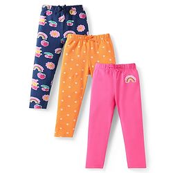 Babyhug Single Jersey Knit Full Length Floral and Polka Dot Printed Leggings Pack Of 3 - Navy Blue Orange Pink