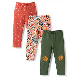 Babyhug Single Jersey Knit Full Length Leggings With Floral & Polka Dot Print Pack of 3 - Olive Green Red & White