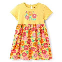 Babyhug Single Jersey Knit Half Sleeves Frock With Floral Print - Yellow