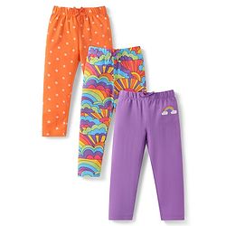 Babyhug Single Jersey Knit Full Length Leggings with Stretch Polka Dots & Rainbow Print Pack Of 3 - Orange & Purple