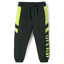 Babyhug Cotton Terry Knit Full Length Cut & Sew Lounge Pant with Let's Paly Print - Dark Green
