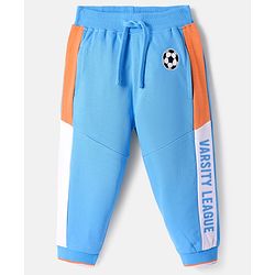 Babyhug Cotton Knit Full Length Cut & Sew Designed Lounge Pant with Text Print - Blue