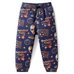Babyhug Terry Knit Full Length Lounge Pant With Basketball Print - Navy Blue