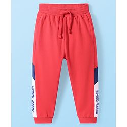 Babyhug Terry Knit Full Length Track Pants with Sport Theme Text Print - Red