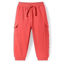 Babyhug Terry Knit Full Length Cut & Sew Track Pants With Text Print & Pockets - Red