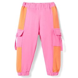 Babyhug Terry Knit Full Length Cut & Sew Lounge Pants with Pockets - Pink & Orange