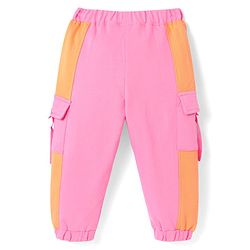 Babyhug Terry Knit Full Length Cut & Sew Lounge Pants with Pockets - Pink & Orange