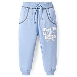 Babyhug Cotton Knit Full Length Lounge Pant with Text Badge Detailing - Light Blue