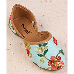 Cute Walk by Babyhug Slip On Mojaris with Floral Embroidery - Sea Green