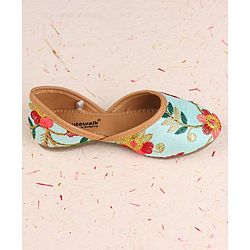 Cute Walk by Babyhug Slip On Mojaris with Floral Embroidery - Sea Green