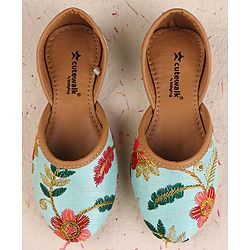 Cute Walk by Babyhug Slip On Mojaris with Floral Embroidery - Sea Green
