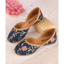 Cute Walk by Babyhug Slip On Mojaris with Floral Embroidery & Sequin Detailing - Navy Blue