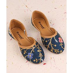 Cute Walk by Babyhug Slip On Mojaris with Floral Embroidery & Sequin Detailing - Navy Blue