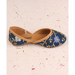 Cute Walk by Babyhug Slip On Mojaris with Floral Embroidery & Sequin Detailing - Navy Blue