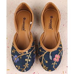 Cute Walk by Babyhug Slip On Mojaris with Floral Embroidery & Sequin Detailing - Navy Blue