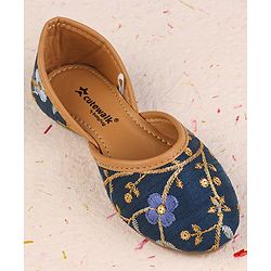 Cute Walk by Babyhug Slip On Mojaris with Floral Embroidery & Sequin Detailing - Navy Blue