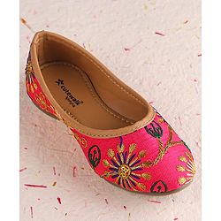 Cute Walk by Babyhug Slip On Mojaris with Floral Embroidery - Dark Pink