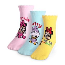 Cute Walk By Babyhug Disney Ankle Length Anti-Bacterial Socks With Minnie Mouse And Family Graphics Pack Of 3 - Pink Light Blue & Yellow