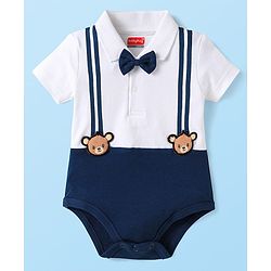 Babyhug 100% Cotton Knit Half Sleeves Onesie With Teddy Bear Patch & Bow Applique - White & Navy Blue