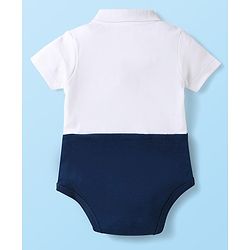 Babyhug 100% Cotton Knit Half Sleeves Onesie With Teddy Bear Patch & Bow Applique - White & Navy Blue