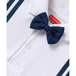 Babyhug 100% Cotton Knit Half Sleeves Onesie With Teddy Bear Patch & Bow Applique - White & Navy Blue