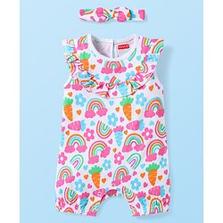 Babyhug Cotton Knit Frill Sleeves Romper & Hairband with Tropical Print - White & Pink