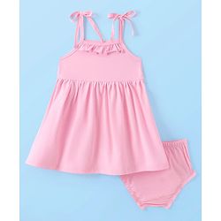 Babyhug Single Jersey Knit Singlet Sleeves Solid Color Frock & Bloomer with Frill Detailing - Baby Pink