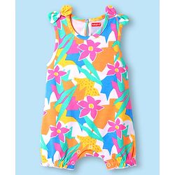 Babyhug 100% Cotton Knit Sleeveless Romper with Floral Print - White