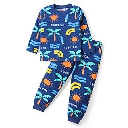 Babyhug Cotton Knit Full Sleeves Night Suit with Tropical Theme Print - Navy Blue