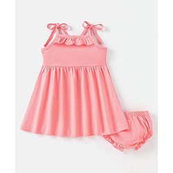 Babyhug Single Jersey Knit Singlet Sleeves Frock with Bloomer & Frill Detailing - Peach