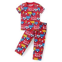 Babyhug Cotton Knit Half Sleeves Night Suit with Construction Vehicle Print - Red
