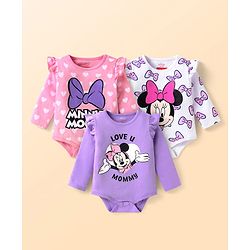 Babyhug Disney Interlock knit Full Sleeves Onesies With Minnie Mouse Graphics & Frill Detailing Pack of 3 - Purple Pink & White