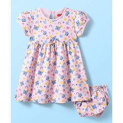 Babyhug Single Jersey Knit Half Sleeves Floral & Butterfly Printed Frock With Bow Applique & Bloomer - Pink