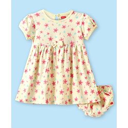 Babyhug Single Jersey Knit Half Sleeves Frock With Bloomer with Floral Print & Bow Applique - Yellow
