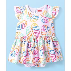 Babyhug 100% Cotton Knit Frill Sleeves Frock Style Onesie with Tropical Theme Print - White
