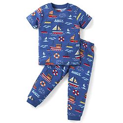 Babyhug Cotton Knit Half Sleeves Night Suit with Nautical Theme Print - Navy Blue