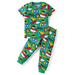 Babyhug Cotton Knit Half Sleeves Night Suit with Nautical Theme Print - Green