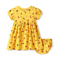 Babyhug Single Jersey Knit Half Sleeves Frock With Floral Print & Bloomer - Yellow