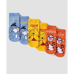 Cute Walk By Babyhug Disney Ankle Length Anti-Bacterial Socks With Winnie The Pooh Tigger Eeyore Graphics Pack Of 3 - Yellow Orange & Blue
