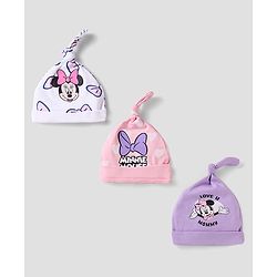Babyhug Disney Interlock Knit Knot Cap With Minnie Mouse Graphics Pack Of 3 - White Pink & Purple