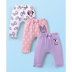 Babyhug Disney Interlock Knit Full Length Diaper Leggings With Minnie Mouse Graphics & Bow Detailing Pack Of 3 - Purple Pink & White