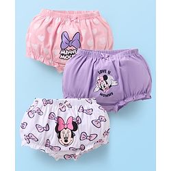Babyhug Disney Single Jersey Knit Bloomers with Minnie Mouse Graphics Pack of 3 - Pink White & Lavender