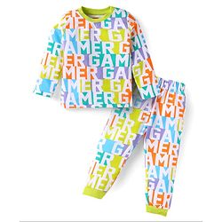 Babyhug Cotton Knit Full Sleeves Night Suit with Text Print - Light Green